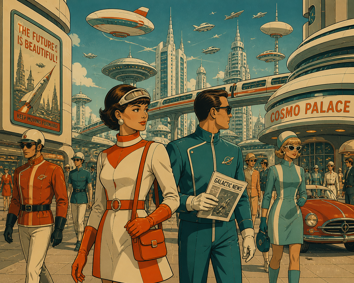 Ilustração retrofuturista mostrando pessoas com roupas futuristas de estilo vintage caminhando em uma cidade avançada, com prédios modernos e veículos voadores